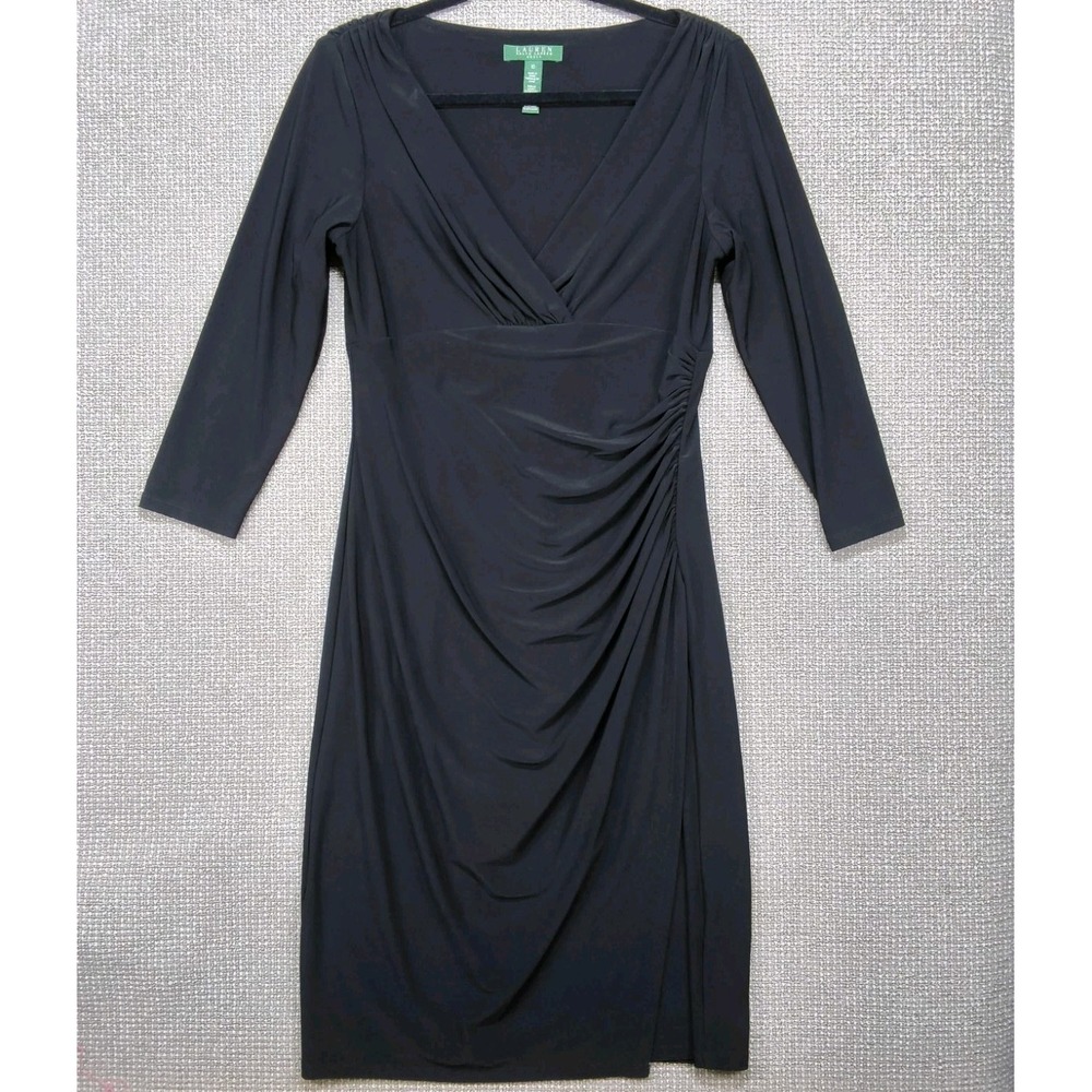 Lauren Ralph Lauren Dress 10 Black Ruched Faux Wrap Sheath Cocktail